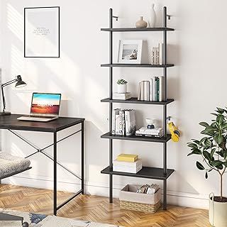 Industrial Ladder Shelf 5-Tier Bookcase Rack 180CM Storage Unit with Metal Frame Floating Wall Shelf for Living Room, Office, Bedroom