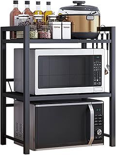 3 Tiers Expandable Microwave Oven Rack with 6 Hooks, Microwave Shelf Stand for Kitchen, Carbon Steel Kitchen Shelf Countertop Storage Organiser for Pots Pans Rice Cooker Black