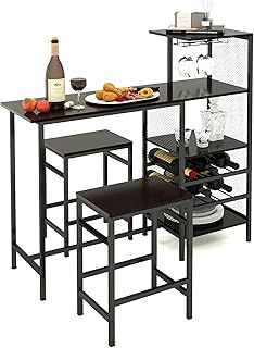 Breakfast Bar Table and Stools Set, 3 PCS Bar Table Set with Glass Holders, Wine Racks, Storage Shelves, Dining Table and 2 Bar Stools for Kitchen, Living Room,120x40x120cm, Black Walnut Color