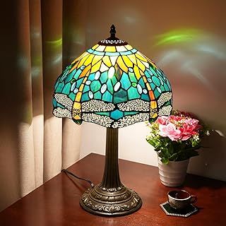 Blivuself Vintage Dragonfly Tiffany Style Stained Glass End Table Lamp Bedroom Bedside Dorm Office Art Craft Antique Decor Green Night Light Accent Aesthetic Nightstand Retro Metal Reading Desk Lamps