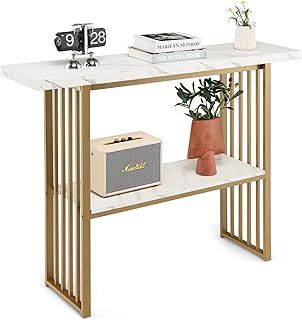 COSTWAY 2-Tier Console Table, Modern Faux Marble Narrow Hall Desk Sofa Side Table, 120cm Long Slim Display Accent Table for Entryway, Living Room, Bedroom and Foyer (White+Golden)