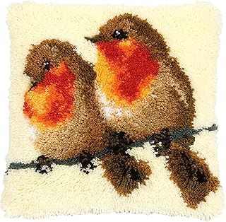 Cute Animal Latch Hook Cushion Kit, DIY Pillow Cover Making Craft with Robin Birds Pattern Printed Canvas for Beginners, DIY Pillowcase Kit for Kids Adults