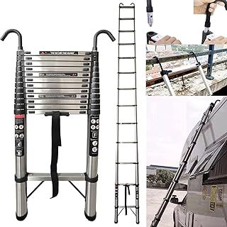 Telescopic Extension Ladder 5 Metre - Stainless Steel Extendable Folding Roof Loft Ladder With Detachable Hooks, Height Adjustment, 12 Step, 330lb Capacity