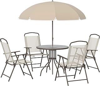 Outsunny 6 Piece Garden Dining Set with Umbrella, Patio Sets with Parasol with 4 Folding Dining Chairs & Round Tempered Glass Table, Beige