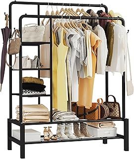 KLASS Heavy Duty Clothes Rail, Sturdy 120KG Black Metal Rack With Double Hanging Clothing Shoe Rack, Storage Shelves & 4 Coat Hooks, Freestanding Rails For Bedroom, Office, Shop