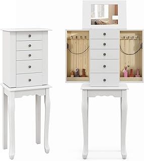 COSTWAY Freestanding Jewellery Cabinet, Wooden Jewelry Armoire with Flip Up Mirror, Top Compartment, 2 Side Doors and 4 Drawers, Bedroom Floor Makeup Jewellery Organiser Storage Chest Box, White