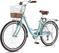 Viribus Women's Comfort Bike, 61 cm 7 Speed Bicycle for Women, 24 Inch Beach & City Cruiser Bike with Shimano Derailleur Rattan Basket Steel Rack, Step Through Bike for Women Adults Youth