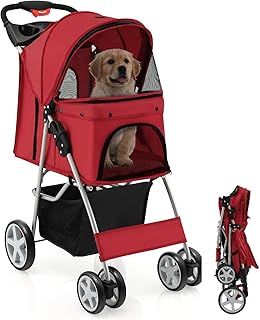 Maxmass Travel Pet Stroller, Foldable Small Medium Sized Dog Cat Trolley with Storage Basket, Safety Belt and Cup Holder, 4 Wheels Puppy Pushchair (Red)