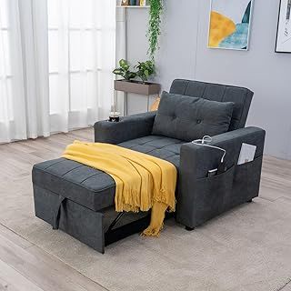 Compact Single Sofa Bed, Pull Out Chair Bed, Adjustable Sleeper Chair Backrest, Pillow, Side Pockets and Built-in Dual USB Port, Cup Holder for Bedroom, Living Room (Grey Linen Fabric)