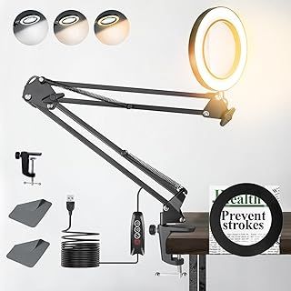 10X Magnifying Glass with Light, 3 Color Modes Stepless Dimmable Lighted Magnifier Clamp Lamp, Adjustable Arm 4.3" Diameter Real Glass Lens LED Magnifying Glasses for Hobbies Reading Work (Black)