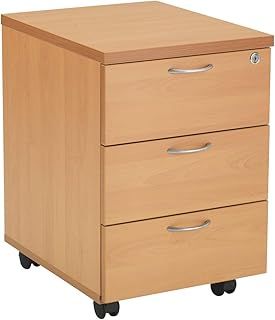 Office Hippo Heavy Duty 3 Drawer Mobile Pedestal Storage Cabinet, Office Storage with Beech Wood Finish, with Anti-Tilt Mechanism & Lockable Storage, 5 Year Wty By Office Hippo - Beech