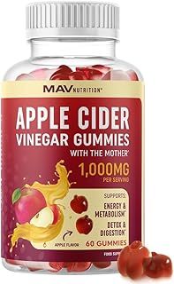 Vegan Apple Cider Vinegar Gummy 1000mg with The Mother | Weight Management, Metabolism, Energy & Digestion Support with Vitamin B6 & B12 | Thermogenic ACV Gummies | 60 Apple Cider Vinegar Gummies