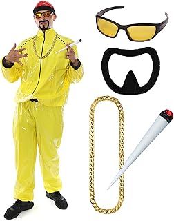 90s Rapper Costume - Adults Yellow & Black Shell Suit + Red Hat + Sunglasses + Gold Chain + Jumbo Spliff + Black Goatee - Funny Rapper Halloween Stag Do Fancy Dress Costume