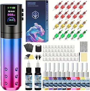 Tattoo kit POSEIDON, Tattoo Pen Kit with 20 PCS Tattoo Cartridge Machine, Tattoo Pen with 1800mAh Capacity Wireless Power, Tattoo Gun kit with Japan Coreless Motor Digital Display for Tattoo Equipment