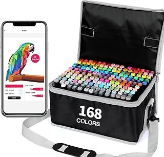 Vokiuler Alcohol Markers-168+2 Colored Marker Set with Colouring APP,Permanent Twin Tipped Artist Pens Chisel & Bullet for Children Adult Drawing Manga Design Graphic Illustration with Storage Case