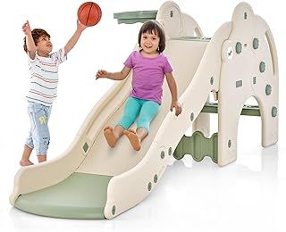 COSTWAY Large Kids Slide, Toddler Climber Slide Set with Basketball Hoop and Ball, Non-slip Steps, Indoor Outdoor Freestanding Slider Playset (Pink+Blue)