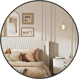SONGMICS Round Mirror, 61 cm Bathroom Mirror for Wall, Metal Frame, Easy to Install, Modern Wall Mirror for Bathroom, Living Room, Bedroom, Entryway, Hallway, Ink Black LWM102B01