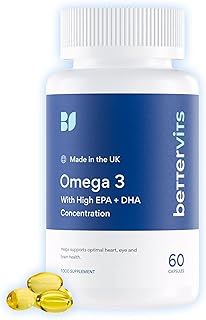 Bettervits Omega 3 Capsules High Strength - 33% EPA & 22% DHA | Omega 3 Fish Oil Nutritional Supplements - Supports Overall Well-Being: Heart, Eye, Skin & Bone Health | 60 Easy-to-Swallow Capsules