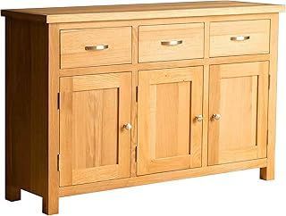 London Oak Large Sideboard Cabinet for Living Room | Roseland Furniture Solid Wood Contemporary 3 Drawer 3 Door Sideboard Storage for Dining Room, Fully Assembled