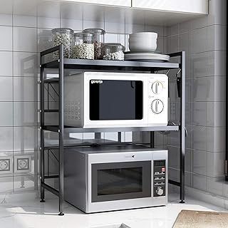 3 Tier Extendable Microwave Oven Rack Shelf with 3 Hanging Hooks Microwave Stand with Storage for Kitchen Counter Organiser Printer Stand (Black)