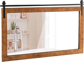 COSTWAY Decorative Rustic Wall Mirror, Rectangle Barn Door Hanging Vanity Mirror, Farmhouse Solid Wood Frame Wall Mounted Mirror for Bathroom, Living Room, Bedroom and Hallway (Black, 101x66cm)