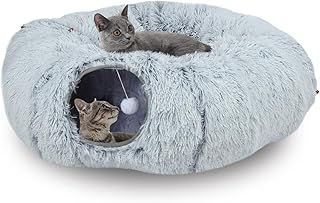 Arquiel Cat Tunnel Bed for Indoor Cats, Fluffy Cat Cave Tunnel with Removeable Cushion, Multifunctional Cat Tunnel Toy for Small Medium Large Cat, Puppy, Rabbit, Ferret(Gray)