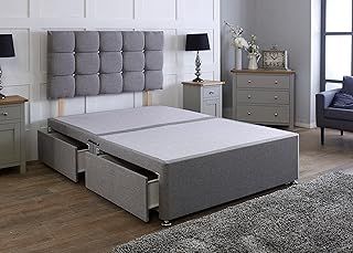 Linen Divan Bed Base With Matching Cube Headboard | Divan Bed Frame | Bed Base | Premium Linen (Grey, 2FT6 Small Single 0 Drawer)