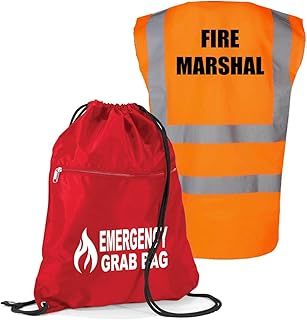 Workplace Emergency Fire Evacuation Kit - Printed Red Documents & Equipment Drawstring Graphic Flame Emergency Grab Bag with Hi Visibility Printed Fire Marshal Vest
