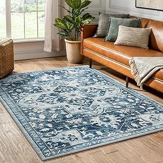 Hafaa Washable Rugs Living Room 80x150 cm – Soft Short Pile Blue Area Rugs For Bedroom Dining Room, Kitchen Carpet Non Slip Traditional Floral Design Vintage Boho Cashmere Rug, Tranquil