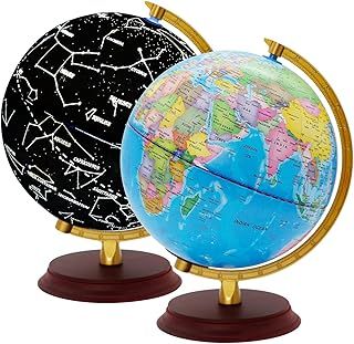 Exerz Illuminated World Globe 20cm Diameter Wooden Base - Political Map in English (Day) - Constellation Stars (Night)