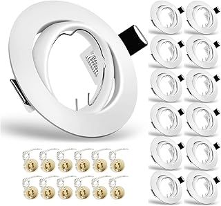 12x Modern GU10 Downlights for Ceiling, Round White Metal Frame for Recessed Ceiling Lights, Tilt Swivel Spotlight - External Dimensions: 90mm, Cut-Out Hole Size:68-80 mm