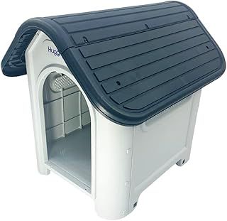 Plastic Dog Kennel Weatherproof Pet House In & Outdoor Animal Shelter (Grey Roof)