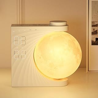 Moon Lamp with Alarm Clock Light, LED Radio Alarm Clock and Sound Machine with Moon Light, Double Alarm, Snooze Function, Wake Up Light, 10 Nature Sounds 8 Colours