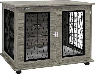 PawHut Dog Crate Furniture, Dog Cage with Soft Washable Cushion, Furniture-Style Pet Kennel Indoor House End Side Table for Small Medium Breeds, 80 x 56 x 63 cm, Grey