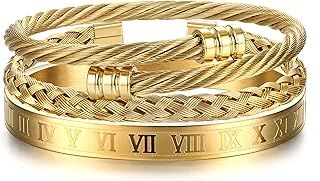 3PCS Bangle Bracelets for Men Stainless Steel Luxury Roman Numeral Bangle Bracelet Adjustable Cuff Bracelet Set Silver/Gold/Black
