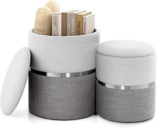 COSTWAY Storage Ottomans Set of 2, Nesting Linen Round Footstool Pouffe Ottoman with Removable Cover, Upholstered Seat Footrest Vanity Dressing Table Stool Chair for Living Room Bedroom, Beige+Grey