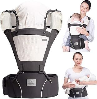 Bebamour Baby Carrier Newborn to Toddler Baby Carrier Hipseat 0-36Months with Head Hood, 3 PCS Teething Pads, Waist Extender, Dark Grey