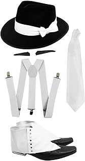 ADULTS GANGSTER SET FANCY DRESS ACCESSORY COSTUME KIT - BRACES + TIE + SPIV TASH + SPATS + TRILBY FEDORA HAT - PERFECT FOR FANCY DRESS PARTIES