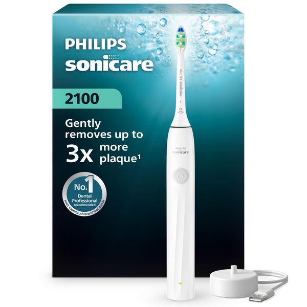 Philips Sonicare 2100 Series Electric Toothbrush - Sonic Toothbrush with 2 Intensity Levels, EasyStart Feature, SmarTimer, 14-Day Runtime, White, Model HX4021/01, [New]