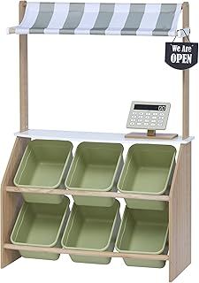 Teamson Kids Little Helper Pretend Play Wooden Market Grocery Stand Role Play Toy Set For Children with Interactive Features & 6 Accessories Green TD-13638A