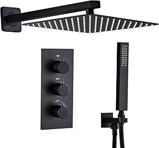 Sanitemodar Black Concealed Shower Set Thermostatic, Concealed Brass Shower Mixer with 30 x 30 cm Shower Head, Built-in Shower Kit with Hand Shower