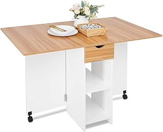 Mobile Folding Dining Table, Drop Leaf Table with 1 Drawer and 2 Open Storage Shelves for Small Space Dining Room Kitchen, White & Red oak