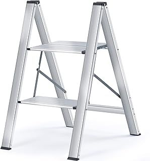 KINGRACK Aluminium 2 Step Ladder with Wide Steps, Lightweight Folding Ladder, Portable Slim Step Stool, Safety Household Ladder Stepladder with Multi-function, Silver