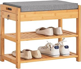 SoBuy Hallway Bamboo Shoe Rack Shoe Bench with Seat Cushion and Drawer W55 x D30 x H46cm FSR49-N