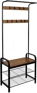 Meerveil Coat Stand, Coat Rack with Shoe Storage Bench, Metal Clothes Rail with 9 Removable Hooks, Industrial Style for Hallway Entrance, 72 x 34 x 183 cm, Rustic Brown