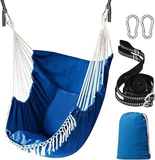 Chihee Hammock Chair Hanging Swing 2 Seat Cushions Included,Strong Webbing Straps and Hooks for Easy Hanging Soft Cotton Weave Hanging Chair Side Pocket Large Tassel Chair Set Comfort Indoor Outdoor