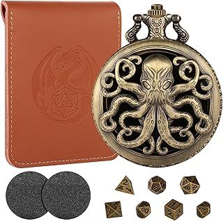 Mini DND Dice Set with Steampunk Bronze Hollow Octopus Pocket Watch Case, DND Gifts with Dice Bag, 7pcs Polyhedral Metal D&D Dice Set, DND Starter Set, Role Playing Board Games Accessories ﻿