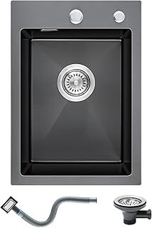 304 Stainless Steel Kitchen Sink 35 x 50 cm, Small Kitchen Sink, Topmount Kitchen Sink with Tap Hole and Overflow (Without Drain Pipe), 1 Bowl, Grey-Black