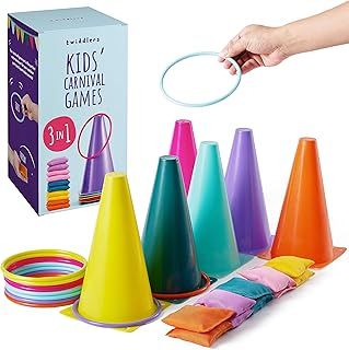 THE TWIDDLERS 3 in 1 Carnival Games Set, Ring Toss Party Game for Kids Play, Colourful Hoops and Cones, Bean Bag Throwing Toy for Children Carnival Set, Birthday Outdoor Game Fun Activity