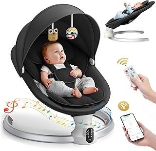 Electric Baby Swing for Infant,Baby Bouncer from Birth with Bluetooth and app,5 Speeds 3 Timers, Removable Seat Cushion,Newborn Toddler Chair with 2 Plush Toys